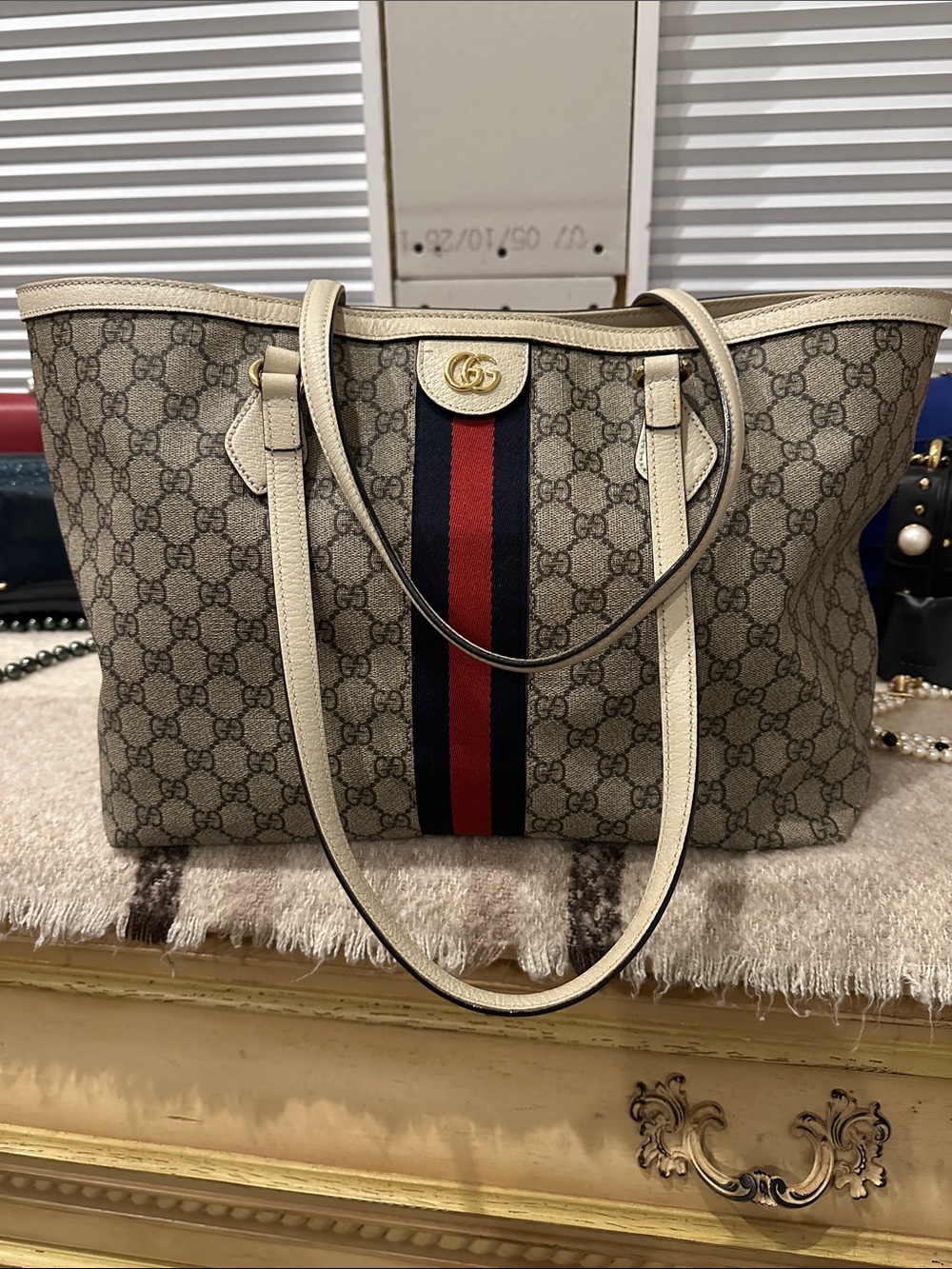Gucci Beige GG Supreme Tote with Red and Navy Web Stripe